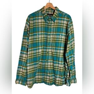 Orvis Flannel Button Down Shirt Mens Sz L Cotton Plaid Pockets Green Blue
